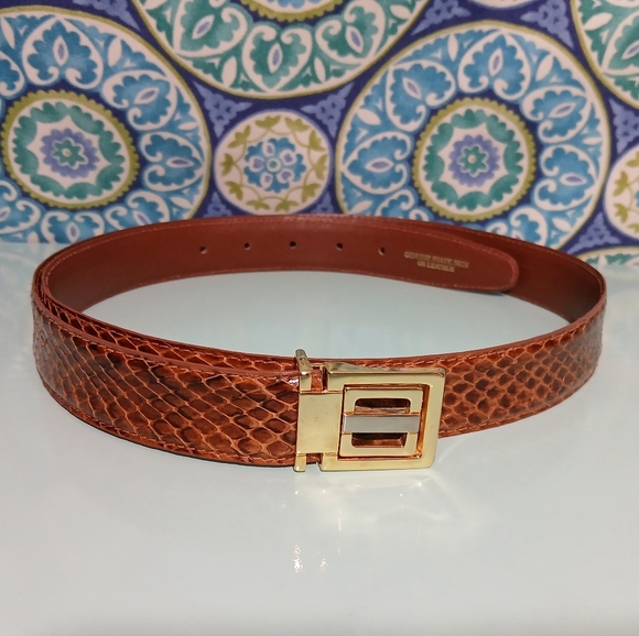 Accessories - Snakeskin On Leather Belt with Gold Buckle